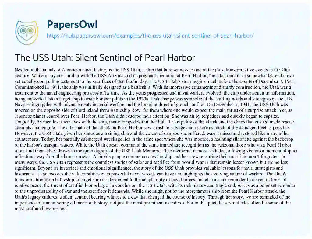 Essay on The USS Utah: Silent Sentinel of Pearl Harbor