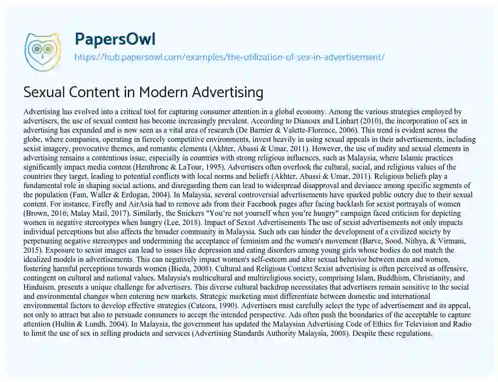 Essay on Sexual Content in Modern Advertising