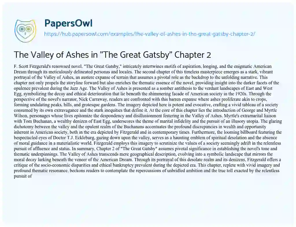 Essay on The Valley of Ashes in “The Great Gatsby” Chapter 2