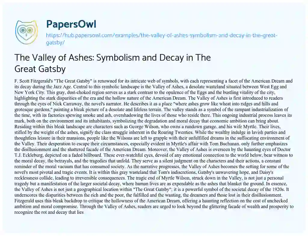 Essay on The Valley of Ashes: Symbolism and Decay in The Great Gatsby