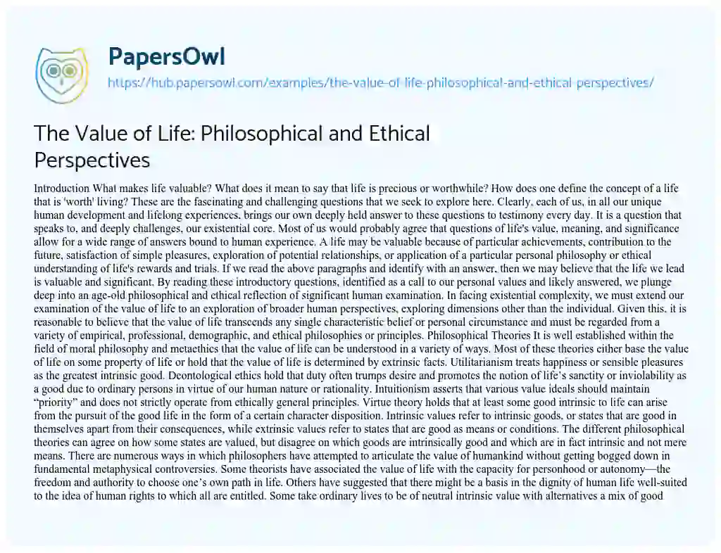 Essay on The Value of Life: Philosophical and Ethical Perspectives