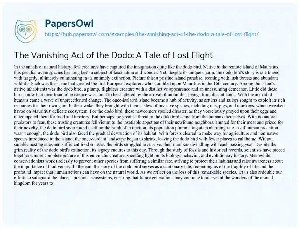 Essay on The Vanishing Act of the Dodo: A Tale of Lost Flight