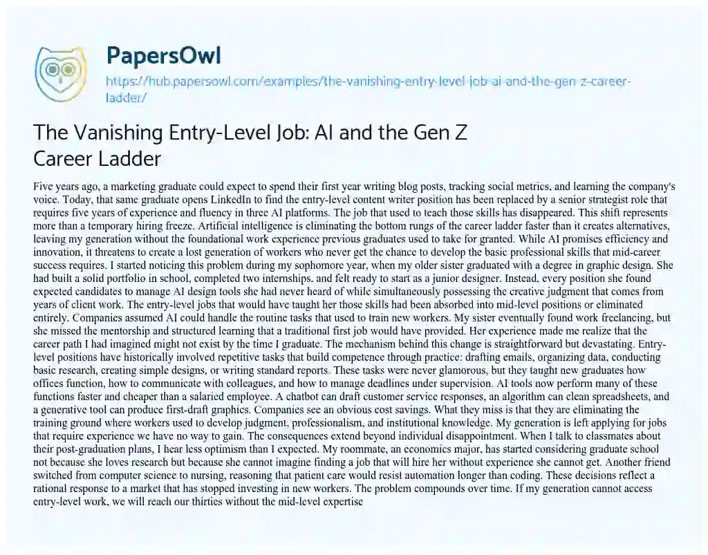 Essay on The Vanishing Entry-Level Job: AI and the Gen Z Career Ladder