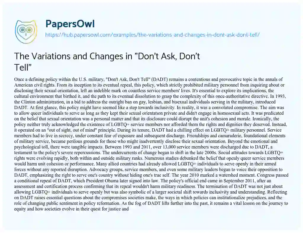 Essay on The Variations and Changes in “Don’t Ask, Don’t Tell”