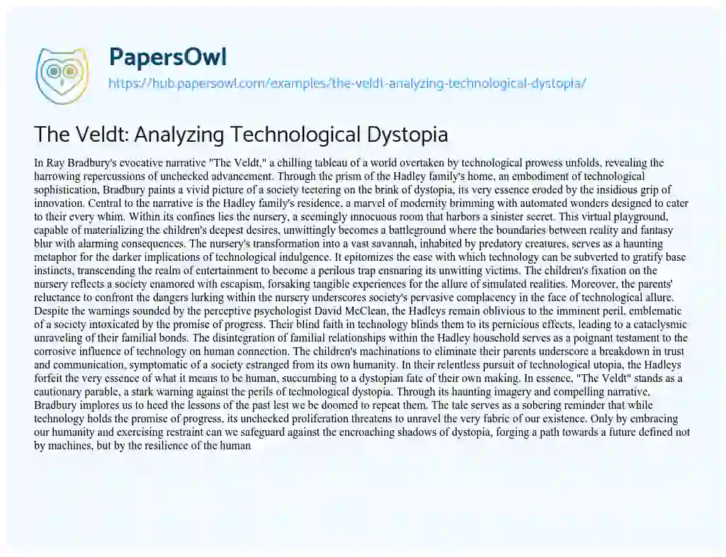 Essay on The Veldt: Analyzing Technological Dystopia