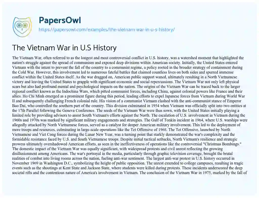 Essay on The Vietnam War in U.S History