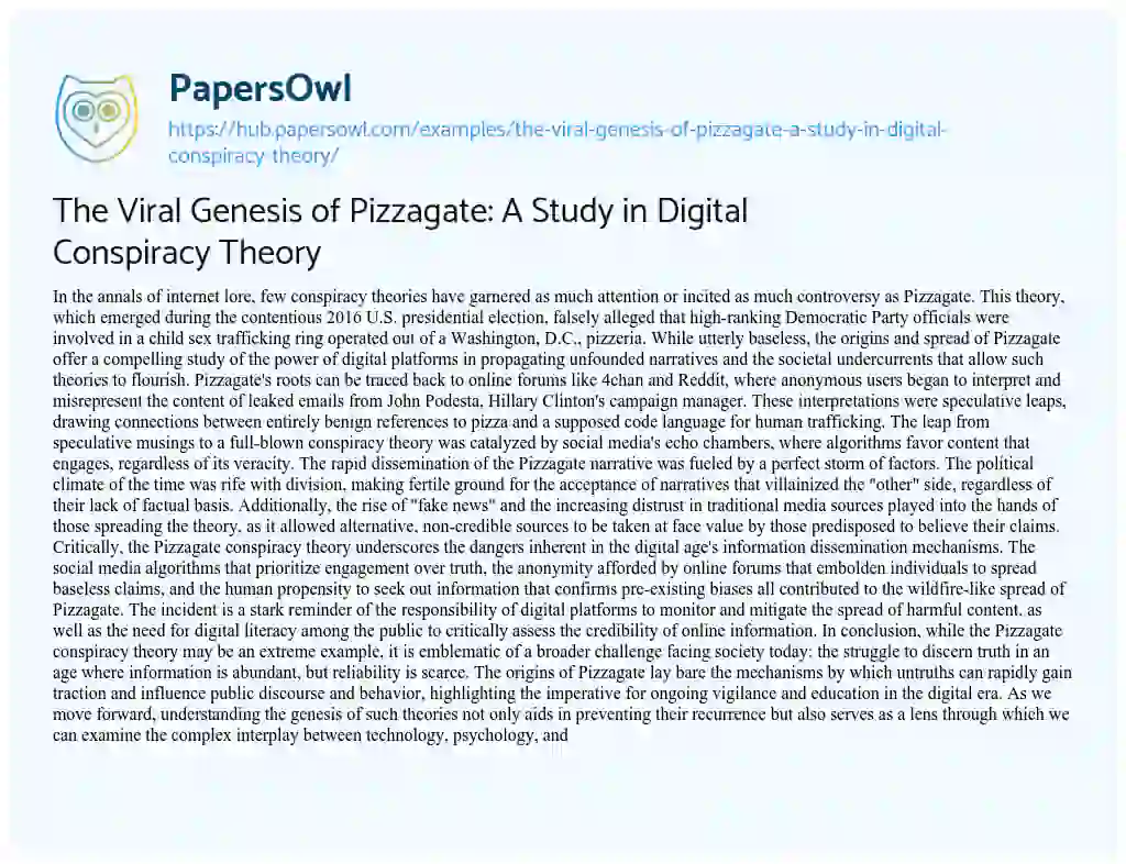 Essay on The Viral Genesis of Pizzagate: A Study in Digital Conspiracy Theory