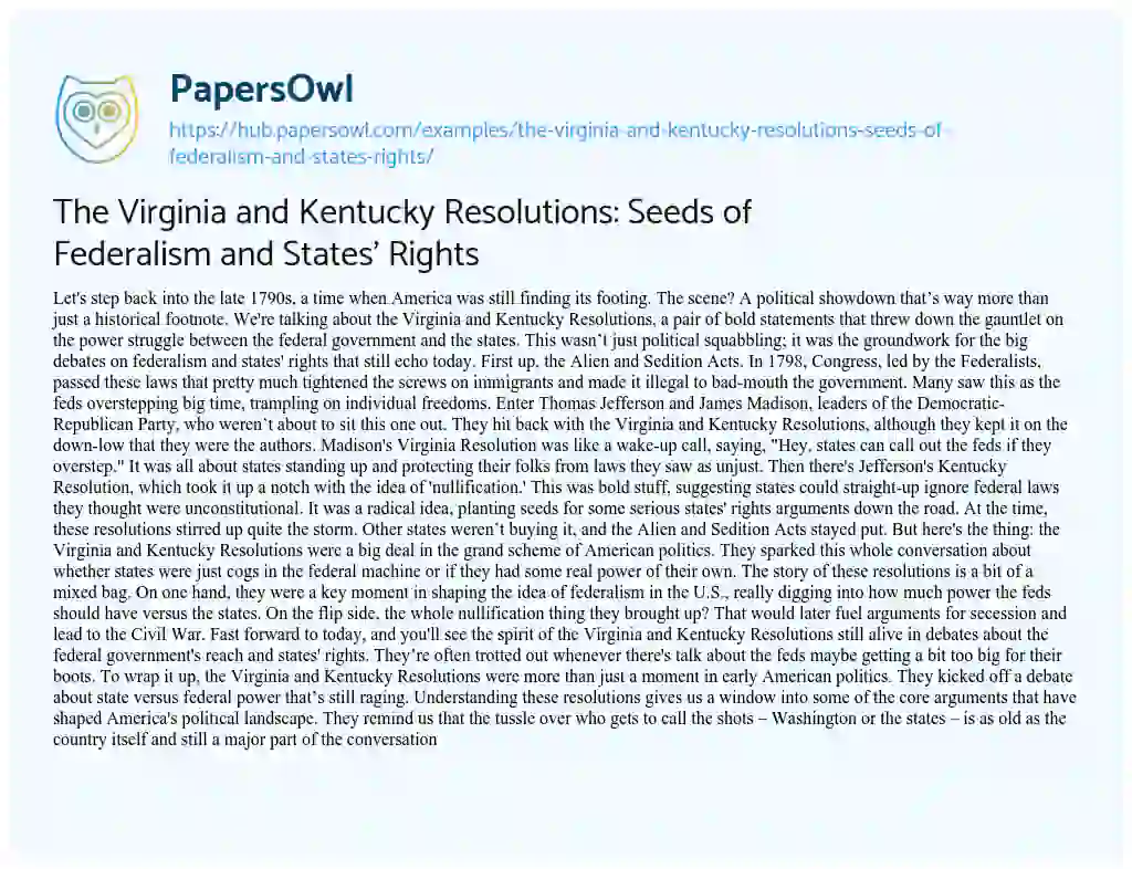 Essay on The Virginia and Kentucky Resolutions: Seeds of Federalism and States’ Rights