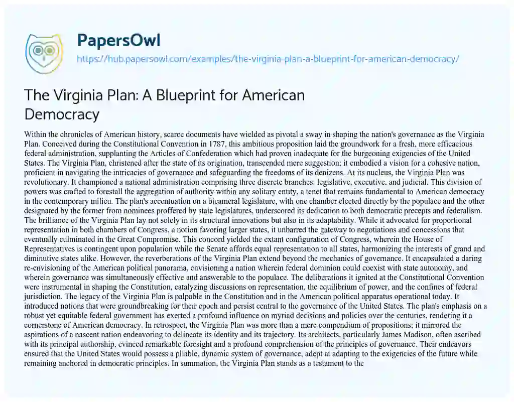Essay on The Virginia Plan: A Blueprint for American Democracy