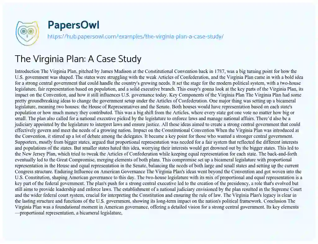 Essay on The Virginia Plan: A Case Study
