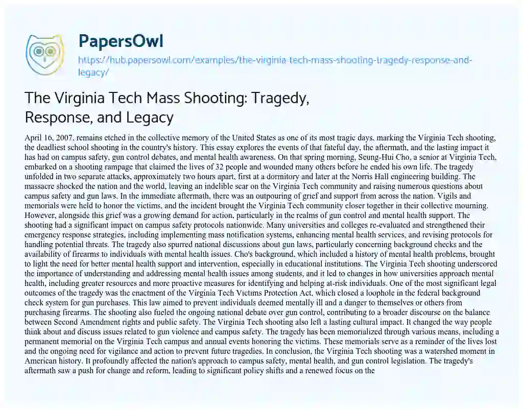Essay on The Virginia Tech Mass Shooting: Tragedy, Response, and Legacy