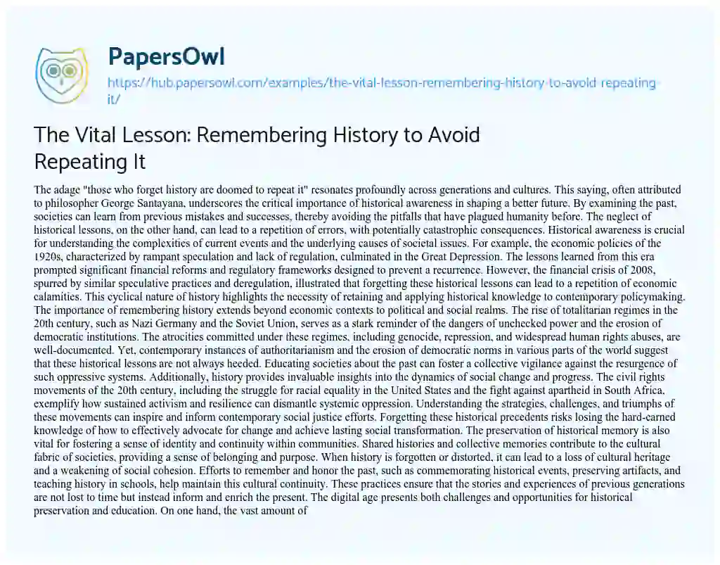 Essay on The Vital Lesson: Remembering History to Avoid Repeating It