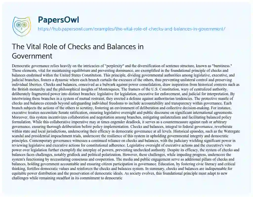Essay on The Vital Role of Checks and Balances in Government