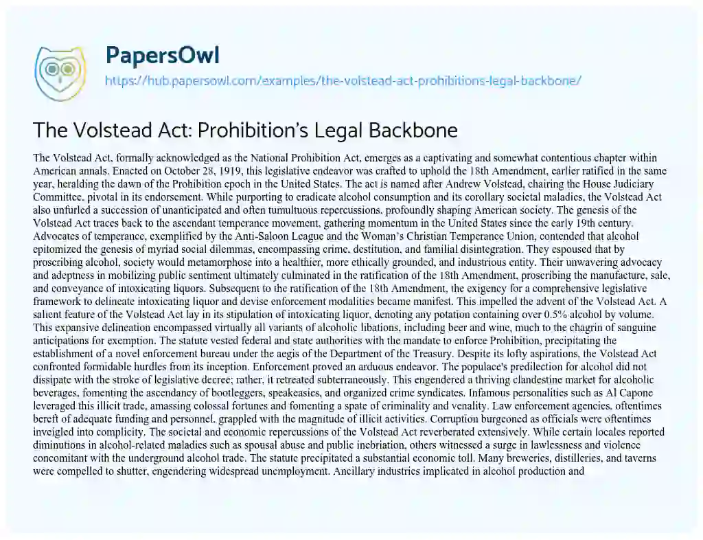 Essay on The Volstead Act: Prohibition’s Legal Backbone