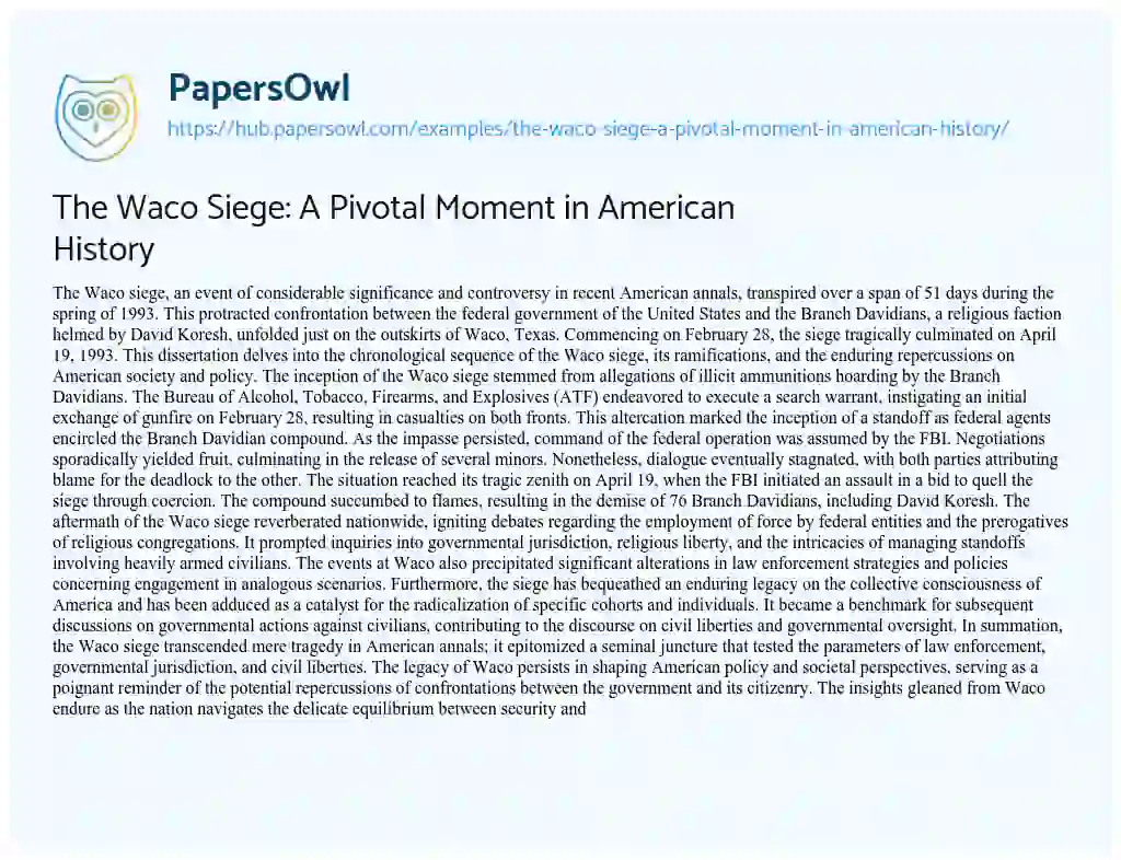 Essay on The Waco Siege: A Pivotal Moment in American History