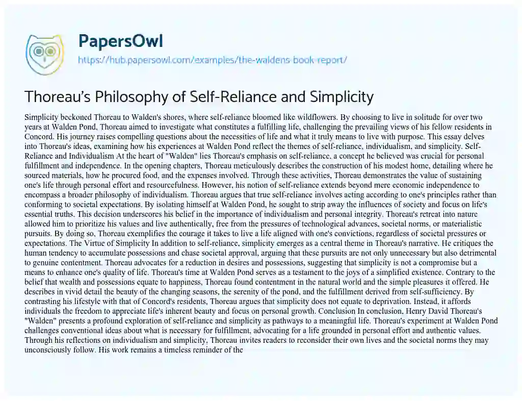Essay on Thoreau’s Philosophy of Self-Reliance and Simplicity