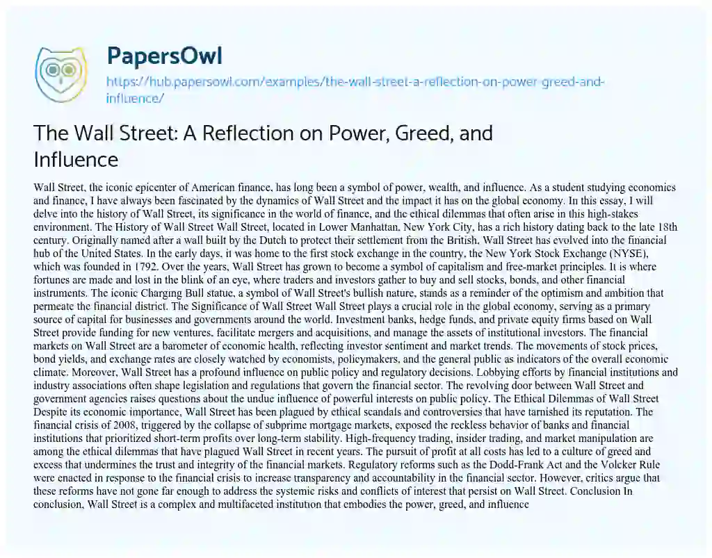 Essay on The Wall Street: A Reflection on Power, Greed, and Influence
