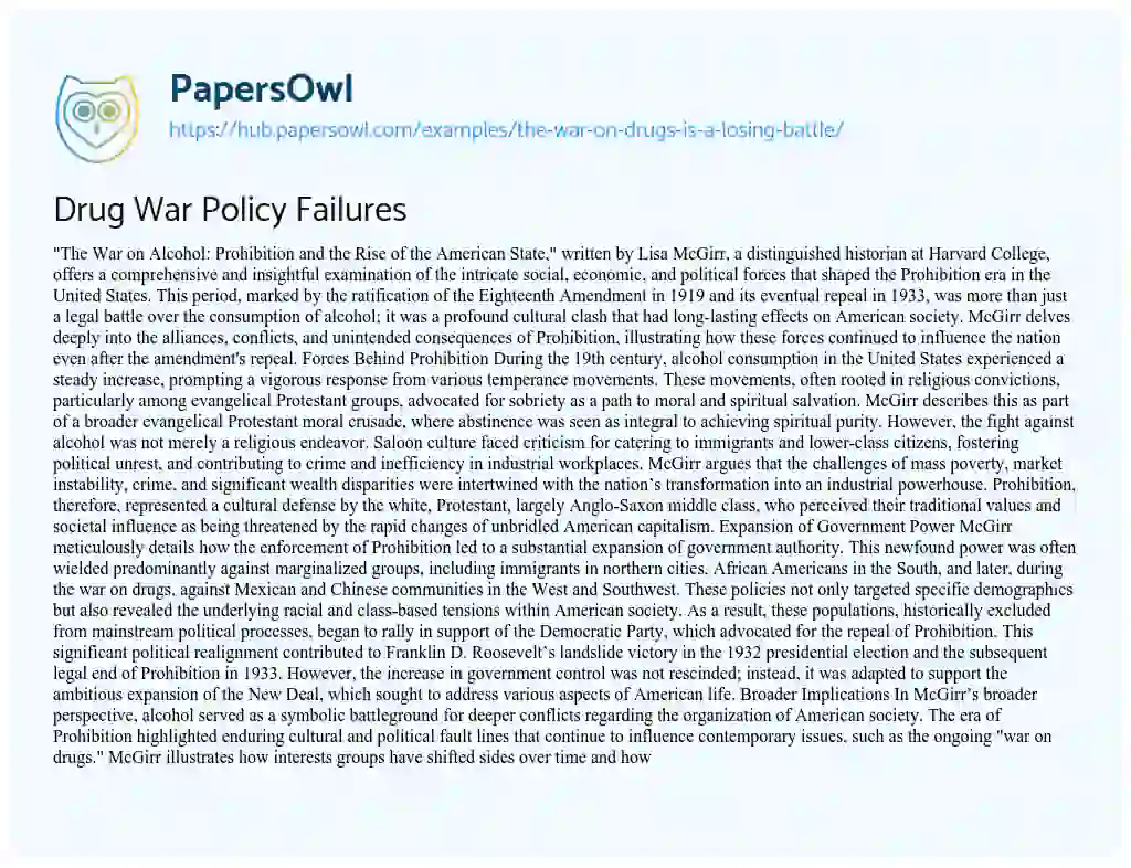 Essay on Drug War Policy Failures