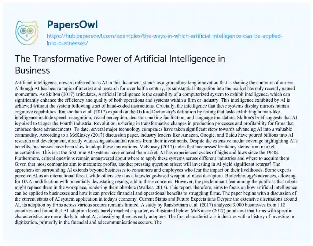 Essay on The Transformative Power of Artificial Intelligence in Business