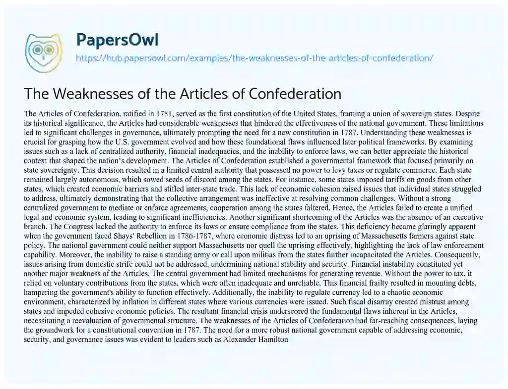 Essay on The Weaknesses of the Articles of Confederation
