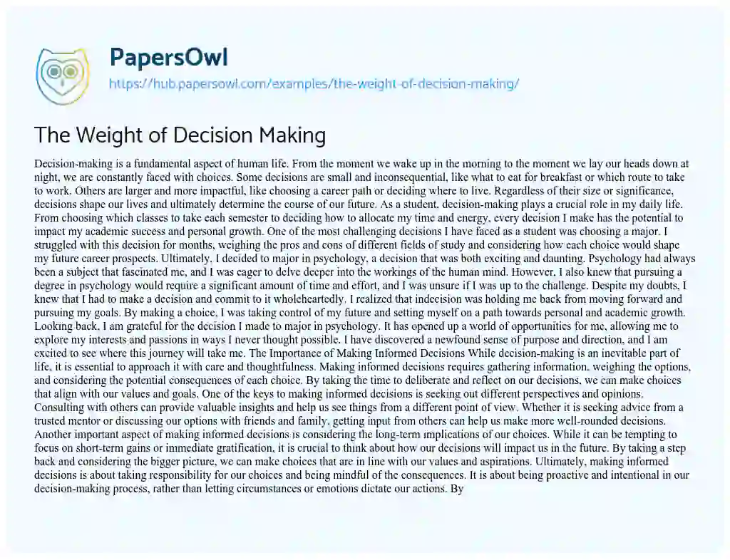 Essay on The Weight of Decision Making