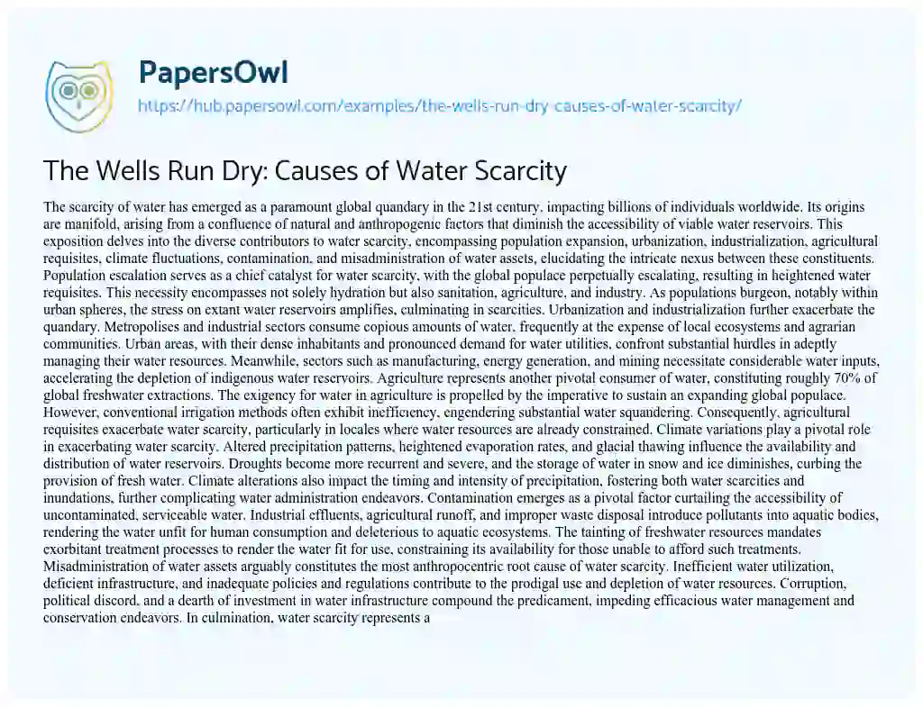 Essay on The Wells Run Dry: Causes of Water Scarcity