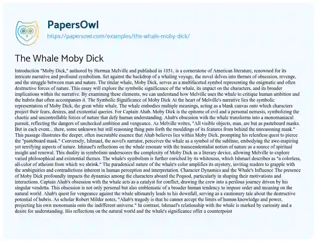 Essay on The Whale Moby Dick