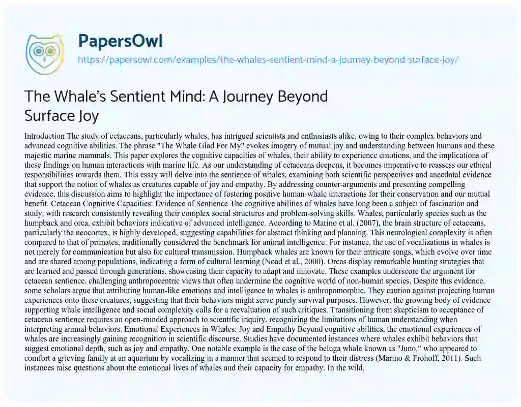 Essay on The Whale’s Sentient Mind: A Journey Beyond Surface Joy