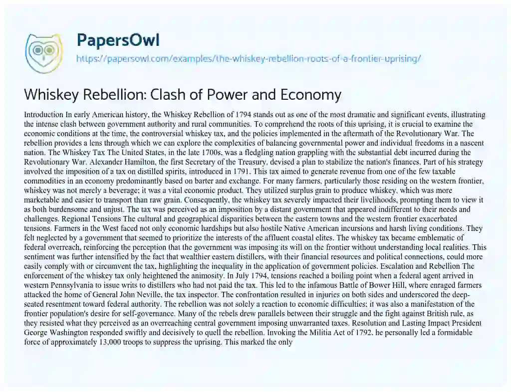 Essay on Whiskey Rebellion: Clash of Power and Economy