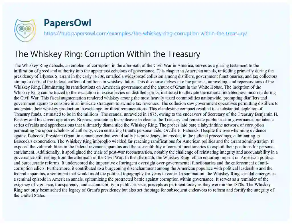 Essay on The Whiskey Ring: Corruption Within the Treasury