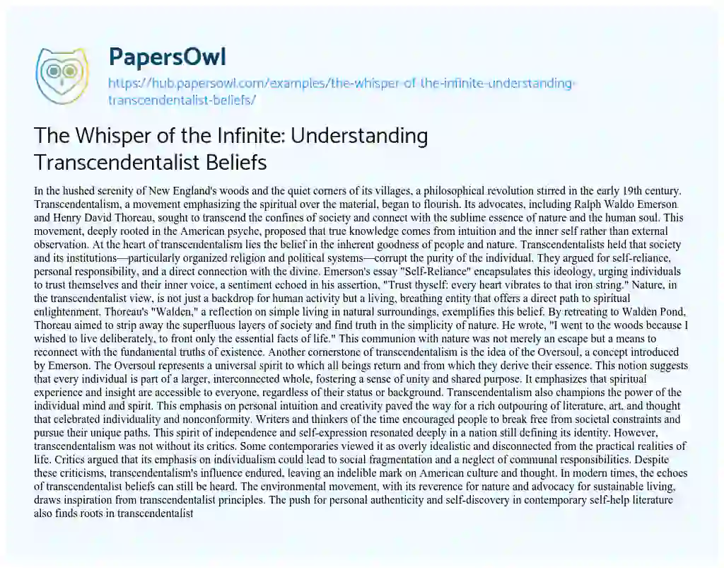 Essay on The Whisper of the Infinite: Understanding Transcendentalist Beliefs