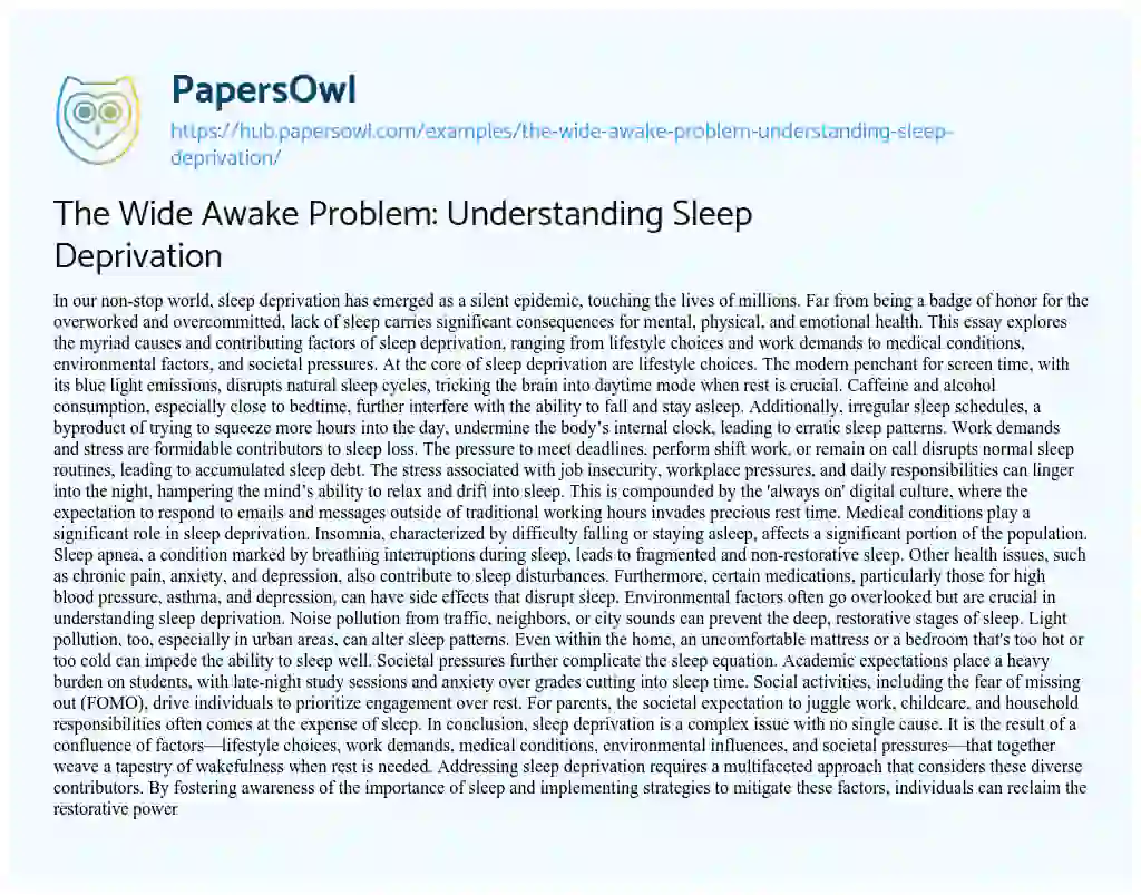 Essay on The Wide Awake Problem: Understanding Sleep Deprivation