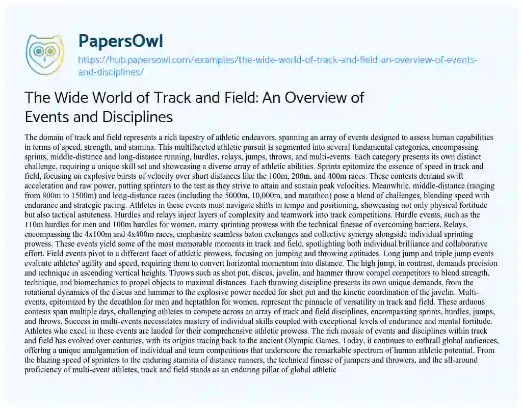 Essay on The Wide World of Track and Field: An Overview of Events and Disciplines