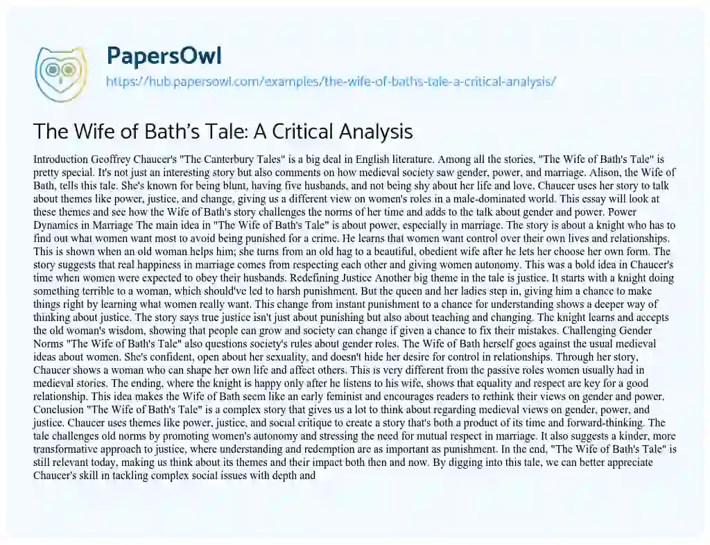 Essay on The Wife of Bath’s Tale: A Critical Analysis