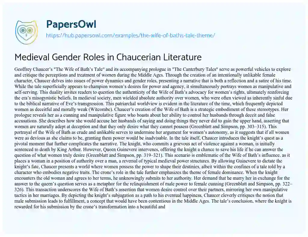 Essay on Medieval Gender Roles in Chaucerian Literature