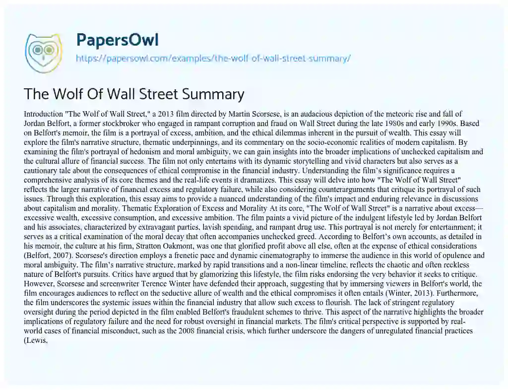 Essay on The Wolf Of Wall Street Summary