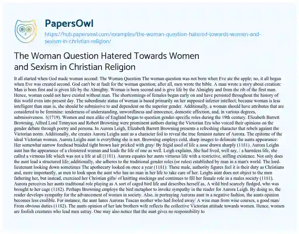 Essay on The Woman Question Hatered Towards Women and Sexism in Christian Religion
