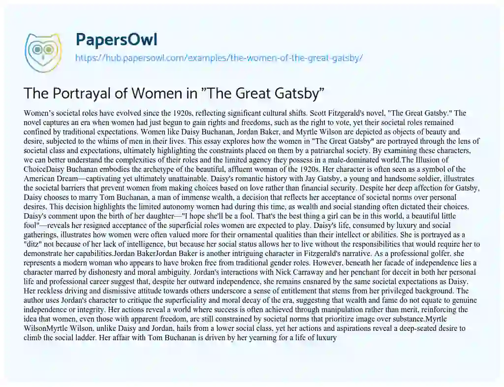 Essay on The Portrayal of Women in “The Great Gatsby”