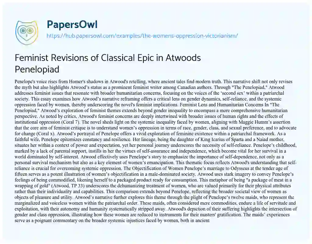 Essay on Feminist Revisions of Classical Epic in Atwoods Penelopiad