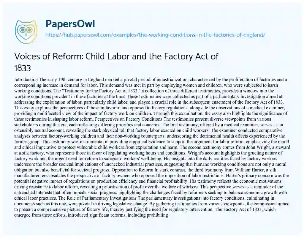 Essay on Voices of Reform: Child Labor and the Factory Act of 1833