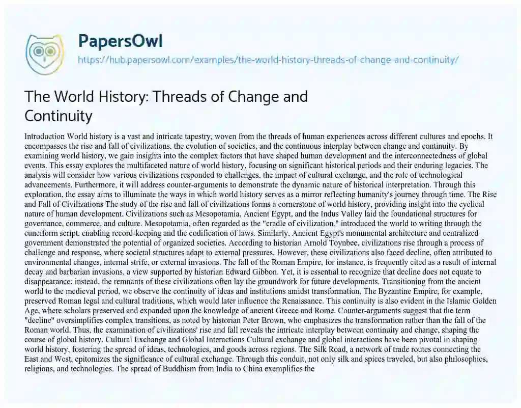 Essay on The World History: Threads of Change and Continuity