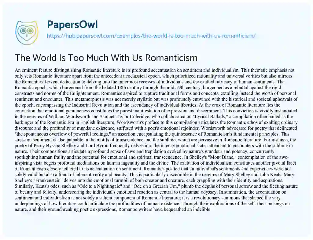 Essay on The World Is Too Much With Us Romanticism