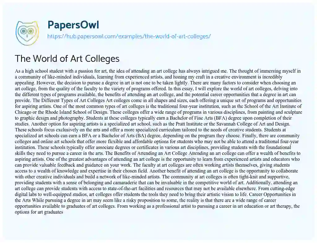 Essay on The World of Art Colleges