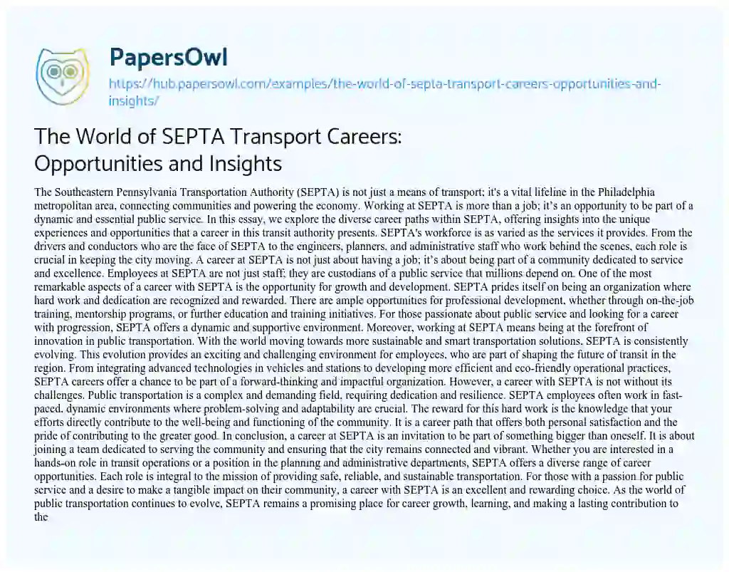 Essay on The World of SEPTA Transport Careers: Opportunities and Insights