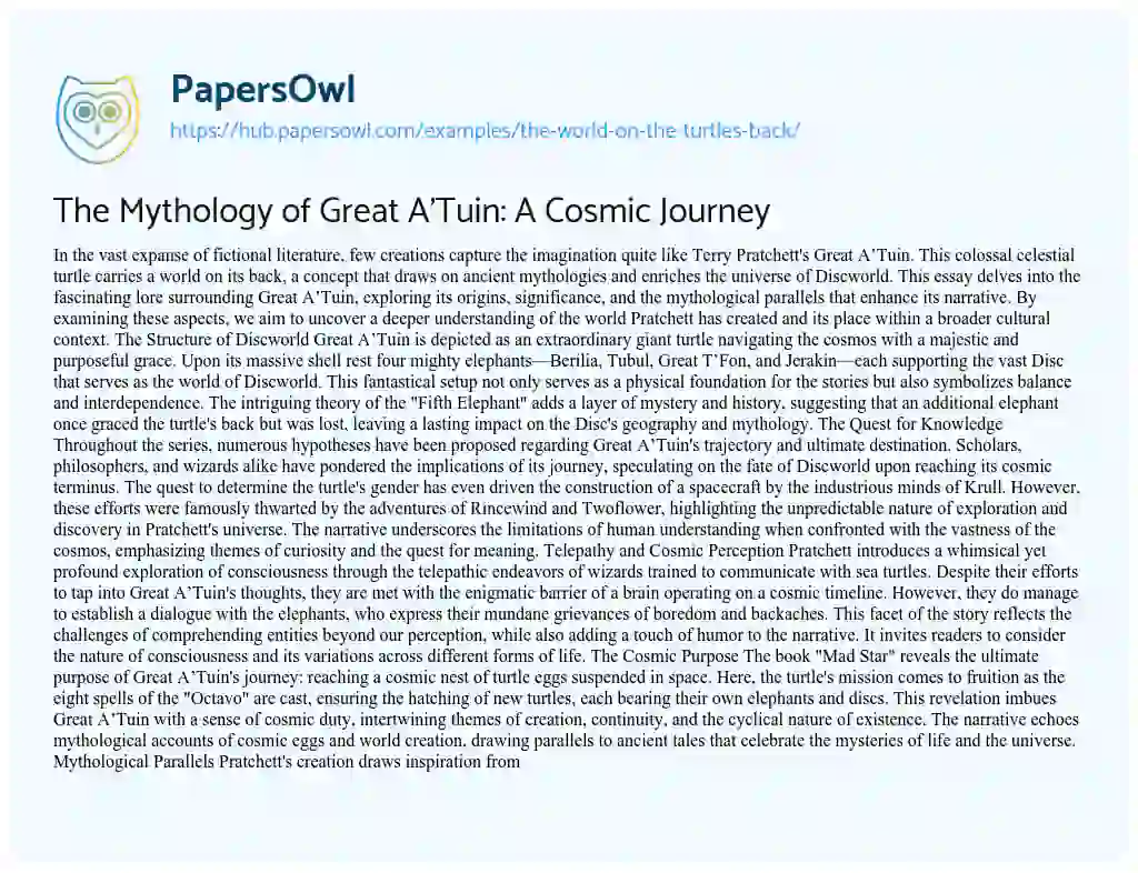 Essay on The Mythology of Great A’Tuin: A Cosmic Journey