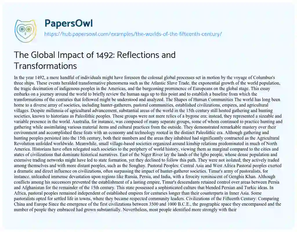 Essay on The Global Impact of 1492: Reflections and Transformations