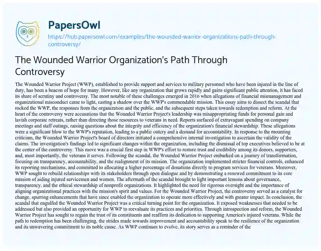 Essay on The Wounded Warrior Organization’s Path Through Controversy