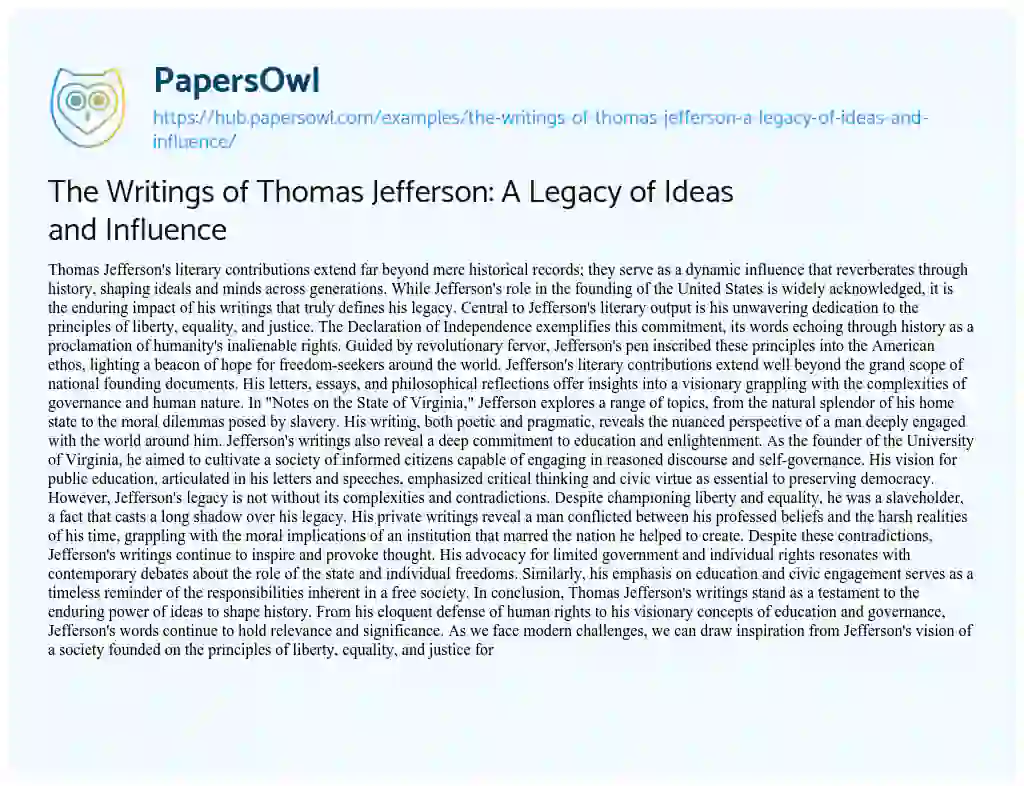 Essay on The Writings of Thomas Jefferson: A Legacy of Ideas and Influence