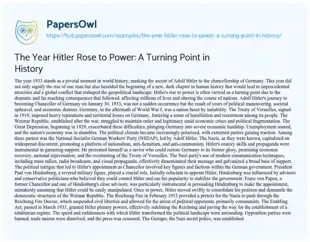 Essay on The Year Hitler Rose to Power: A Turning Point in History