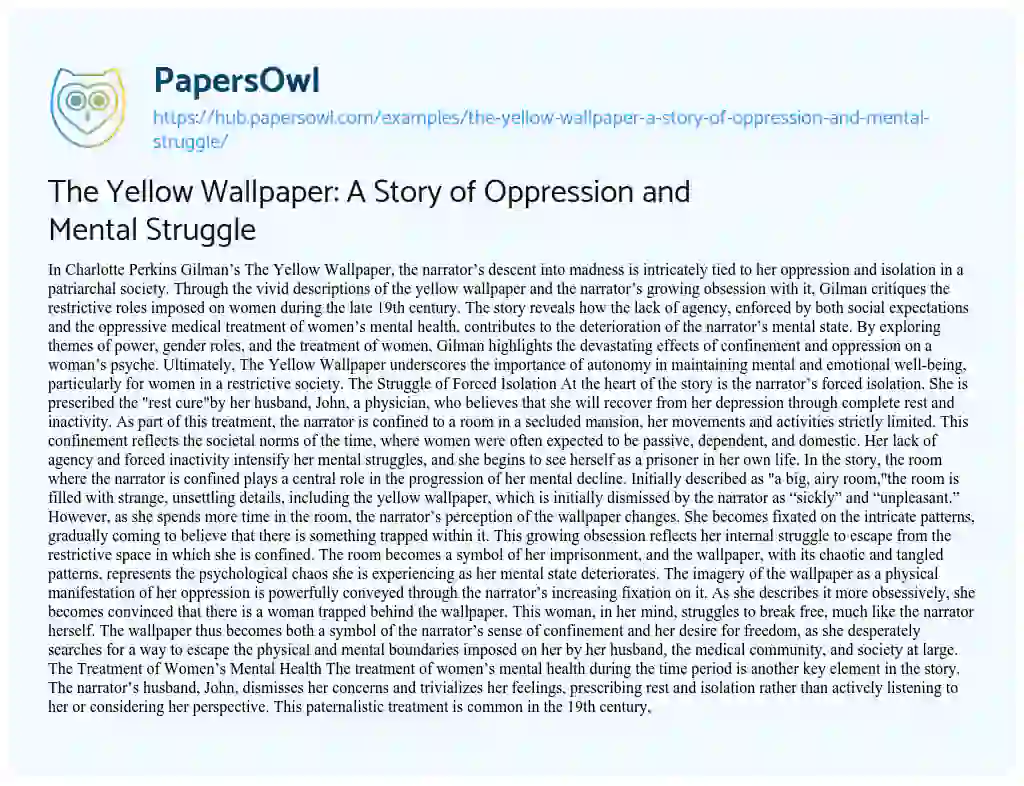 Essay on The Yellow Wallpaper: A Story of Oppression and Mental Struggle